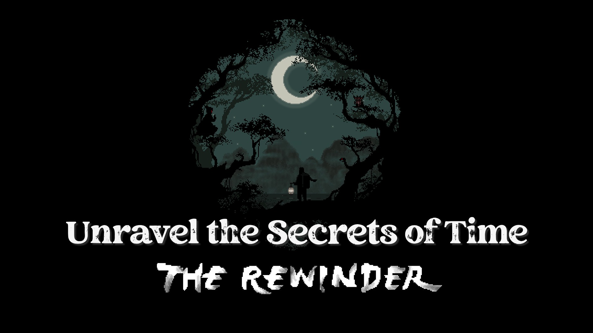 The Rewinder title screen featuring a lone figure in a pixel art forest setting, evoking mystery and nostalgia.